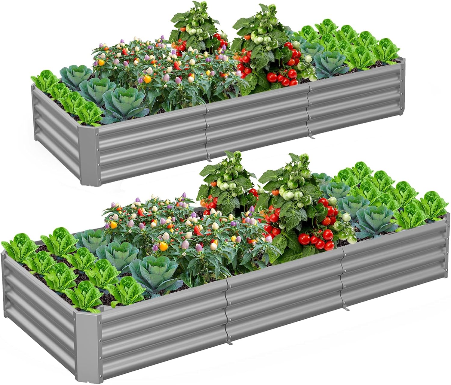 TRAMULL 2 Pack 8x3x1ft Metal Galvanized Raised Garden Bed for Vegetables Flowers Ground Planter Box (Gray) White