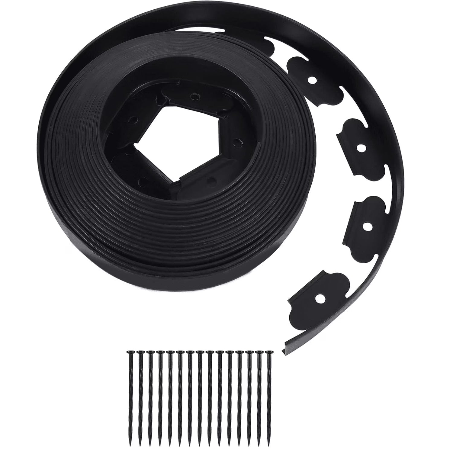 No Dig Durable Garden Landscape Edging Kit, Black Plastic Lawn Border with 15 pcs Anchoring Spikes for Landscaping, Flower Gardens, Lawn (16.4FT+ 15pcs Anchoring Spikes)