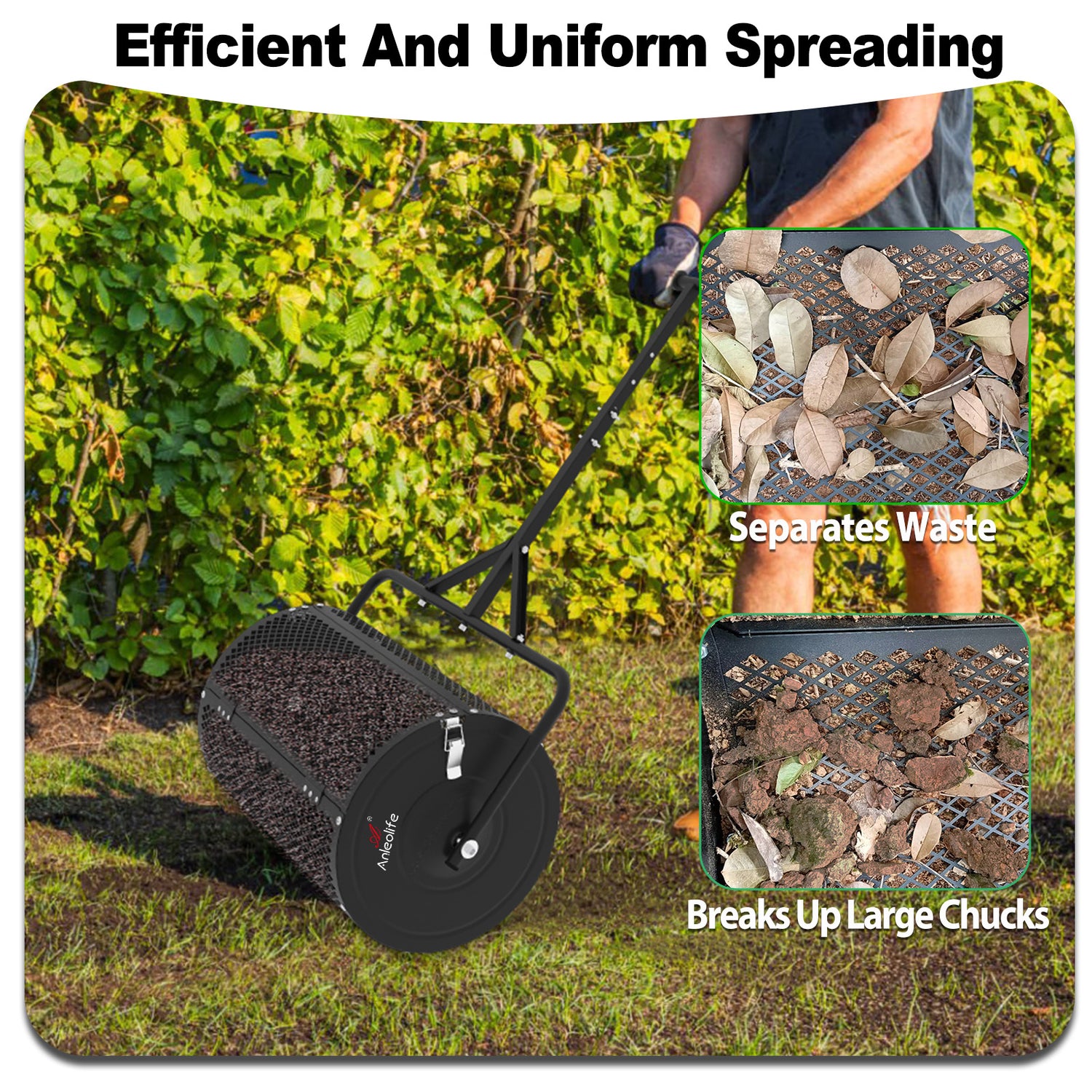 24 Inch Compost Spreader, Lawn and Garden Peat Moss Roller with Side Latches, 24-31.1" Height Adjustable Handle, Galvanized Metal Mesh Basket for Spreading Topsoil, Manure, Mulch, Black