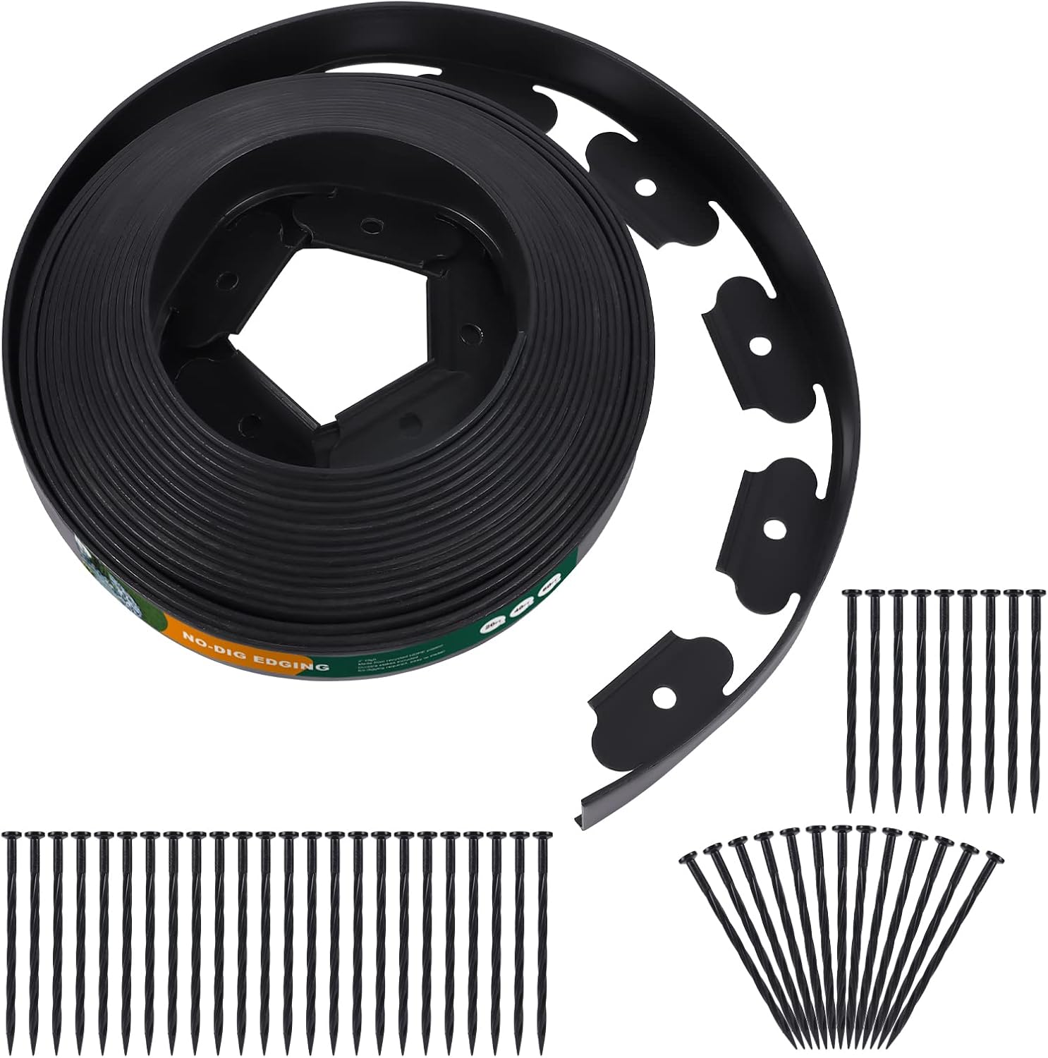 No Dig Durable Garden Landscape Edging Kit, Black Plastic Lawn Border with 48 pcs Anchoring Spikes for Landscaping, Flower Gardens, Lawn (40FT+ 48pcs Anchoring Spikes)