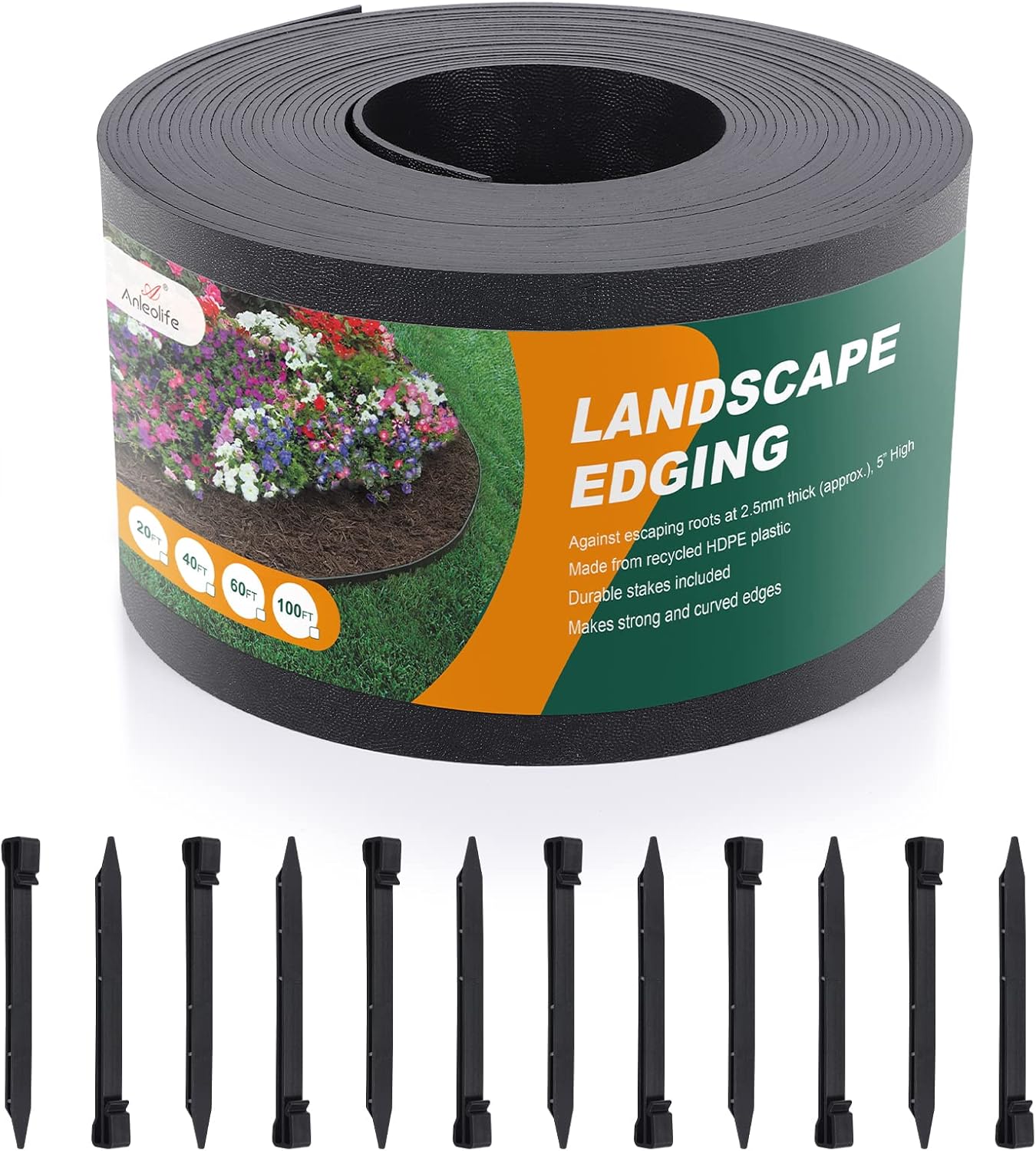 Black Plastic Garden Landscape Edging, 5” Tall Border Coil with 6 Dura ...