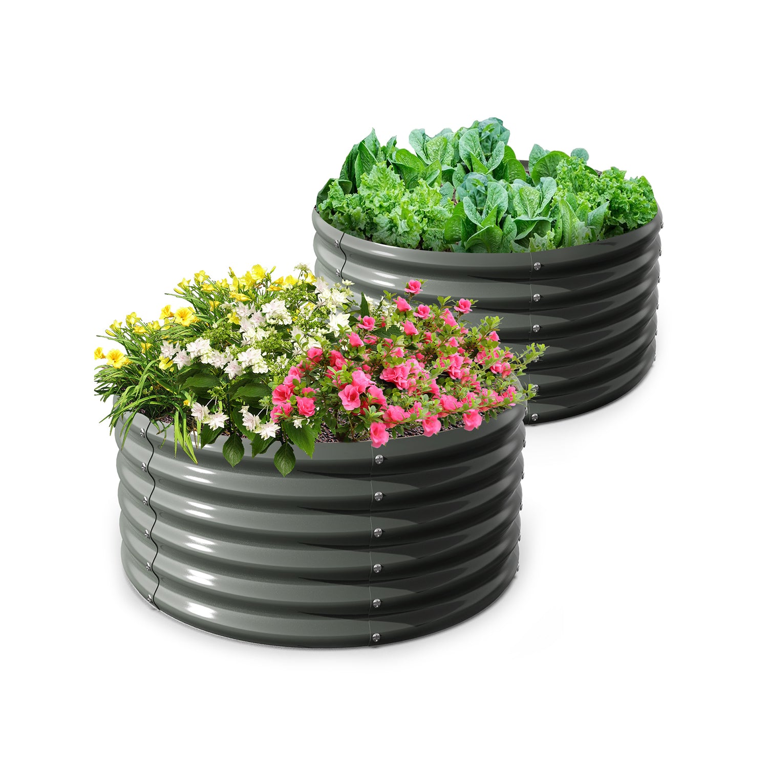 2 Pack-4Ft Round Galvanized Raised Garden Bed, 18” Tall Above Ground Modular Metal Planter Boxes Outdoor For Vegetables Flowers Herbs, Anti-Rust & Easy-Setup Quartz Grey - Tramull Metal Raised Garden Beds - Durable, Modular, Quality Galvanized Steel Garden Beds