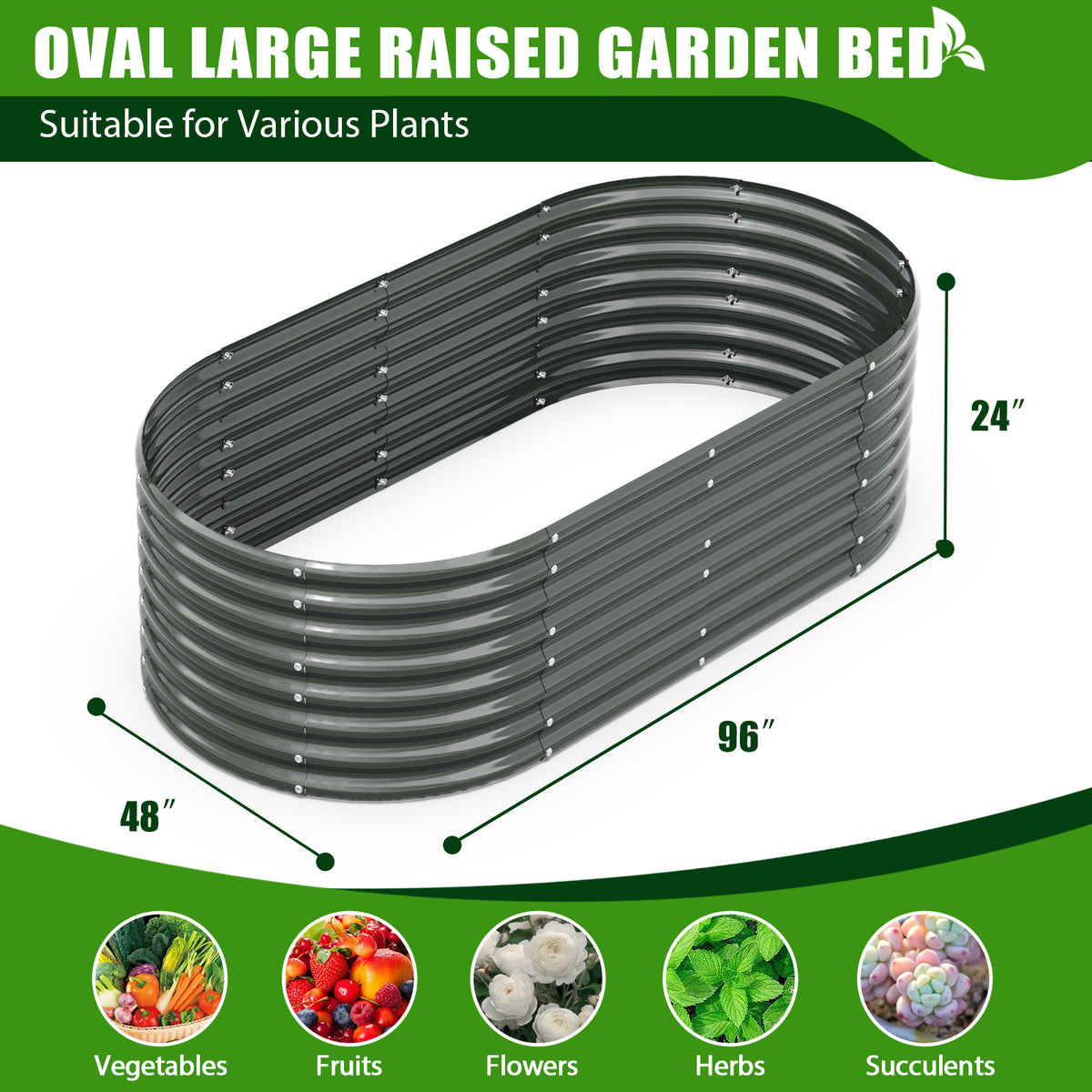 TRAMULL 8X4X2ft Galvanized Raised Garden Bed, Oval Above Ground Modular Metal Outdoor Planter Boxes(Quartz Grey) - Tramull Metal Raised Garden Beds - Durable, Modular, Quality Galvanized Steel Garden Beds