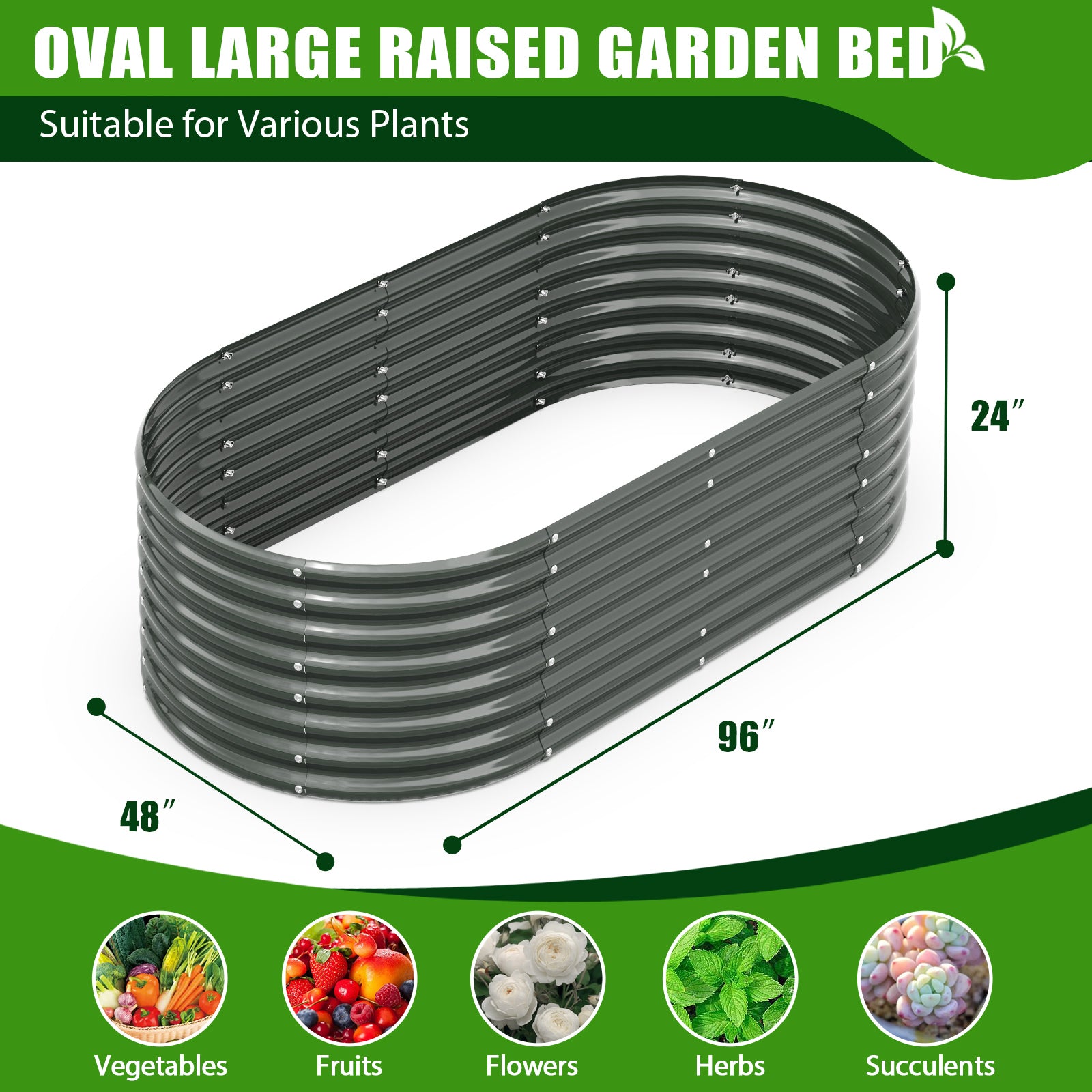 TRAMULL 8X4X2ft Galvanized Raised Garden Bed, Oval Above Ground Modular Metal Outdoor Planter Boxes(Quartz Grey) - Tramull Metal Raised Garden Beds - Durable, Modular, Quality Galvanized Steel Garden Beds