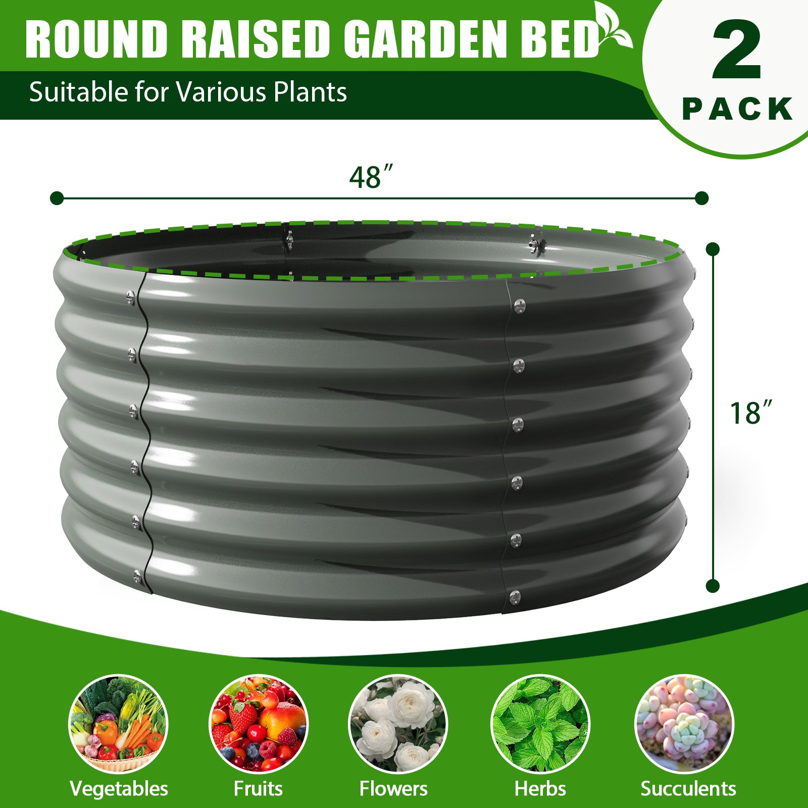 2 Pack-4Ft Round Galvanized Raised Garden Bed, 18” Tall Above Ground Modular Metal Planter Boxes Outdoor For Vegetables Flowers Herbs, Anti-Rust & Easy-Setup Quartz Grey - Tramull Metal Raised Garden Beds - Durable, Modular, Quality Galvanized Steel Garden Beds