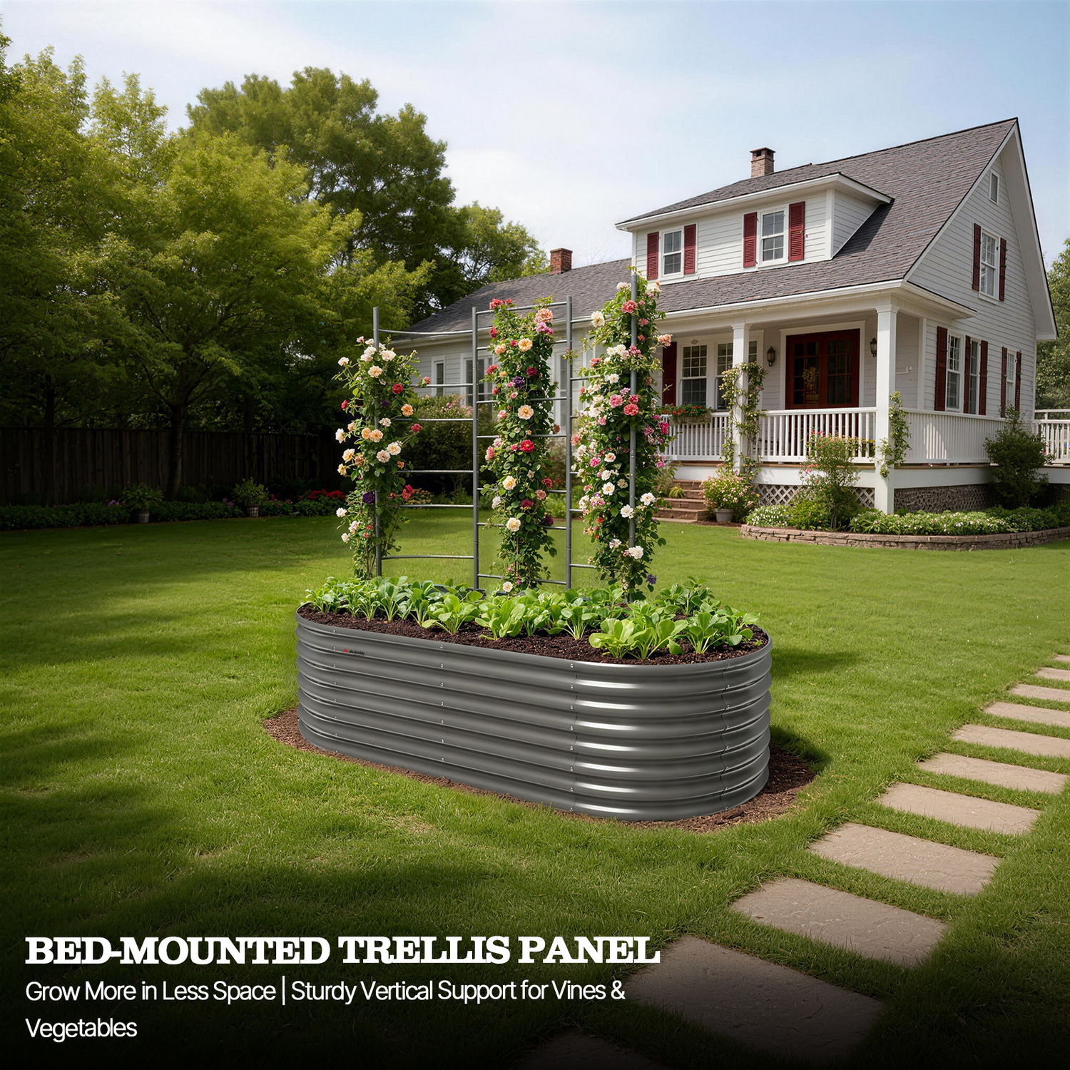 Trellis System, Garden Panel Trellis for Raised Garden Beds, Heavy Duty Metal Trellis Panel with Crossbars, Bed-Mount & Ground Install, Vertical Support for Tomatoes, Peas & Climbing Vines