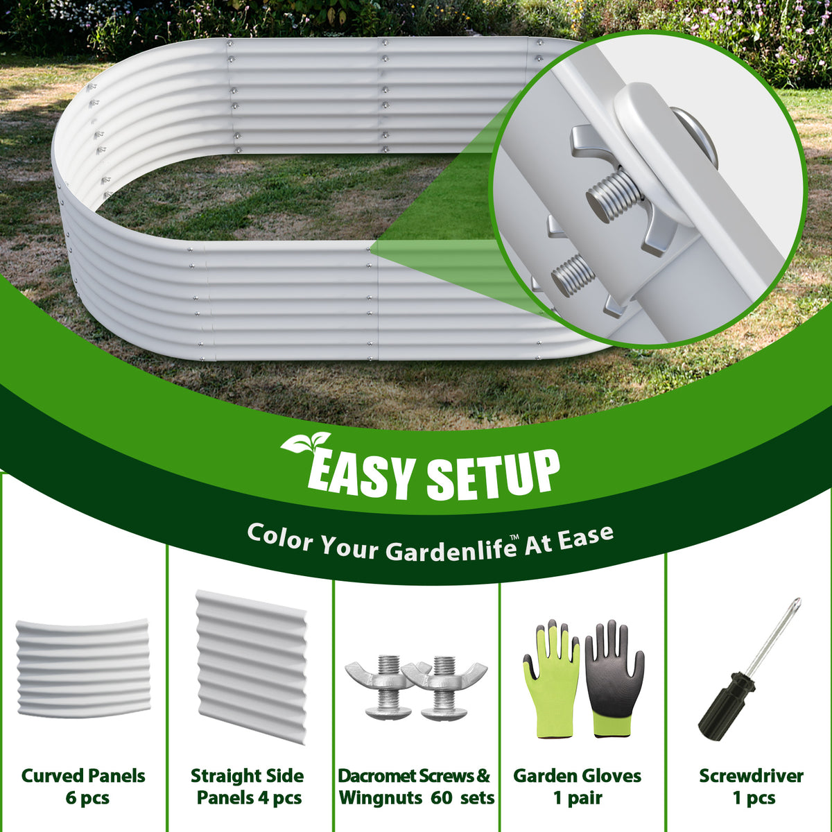 8X4X2ft Galvanized Raised Garden Bed, Oval Above Ground Modular Metal Outdoor Planter Boxes(Antique White) - Tramull Metal Raised Garden Beds - Durable, Modular, Quality Galvanized Steel Garden Beds