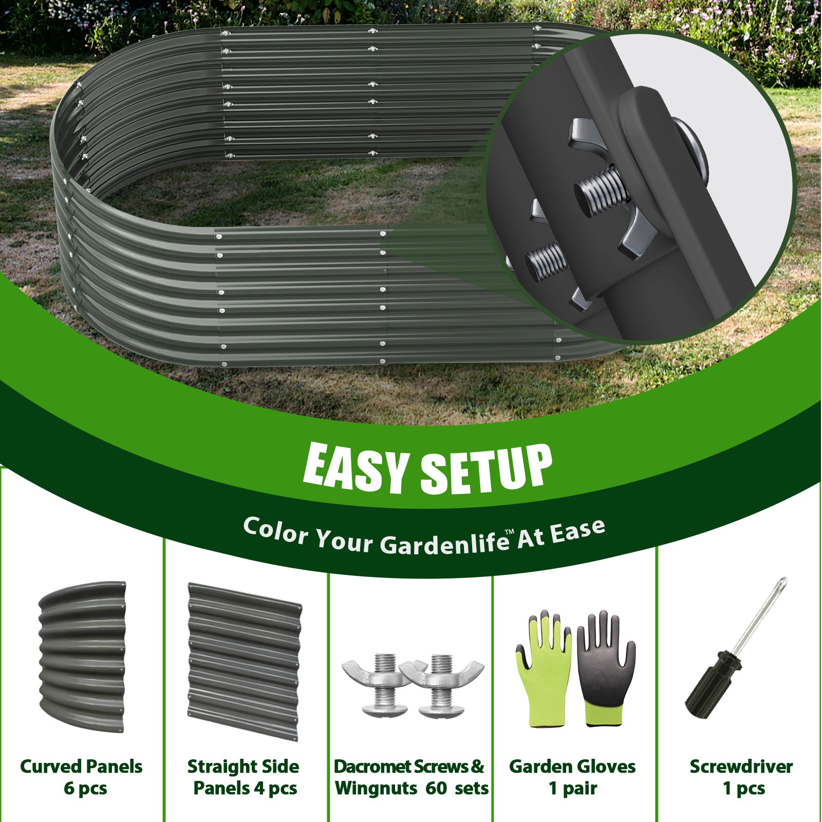 TRAMULL 8X4X2ft Galvanized Raised Garden Bed, Oval Above Ground Modular Metal Outdoor Planter Boxes(Quartz Grey) - Tramull Metal Raised Garden Beds - Durable, Modular, Quality Galvanized Steel Garden Beds