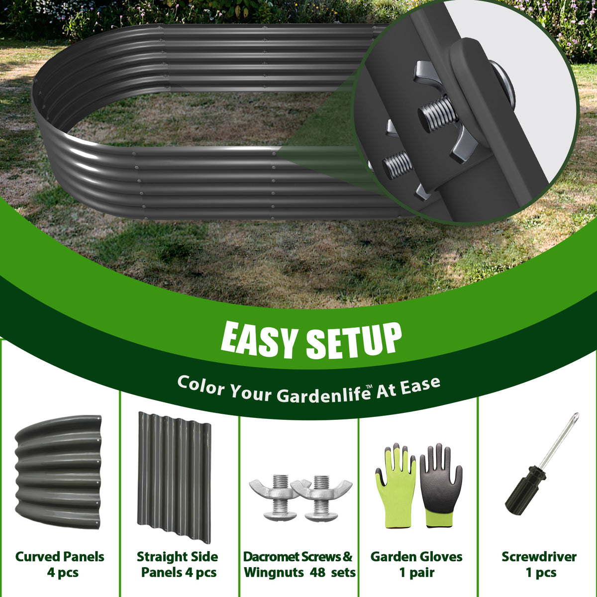 TRAMULL 6X2X1.5 ft Galvanized Raised Garden Beds Outdoor, Oval Round Metal Planter Box (Quartz Grey) - Tramull Metal Raised Garden Beds - Durable, Modular, Quality Galvanized Steel Garden Beds