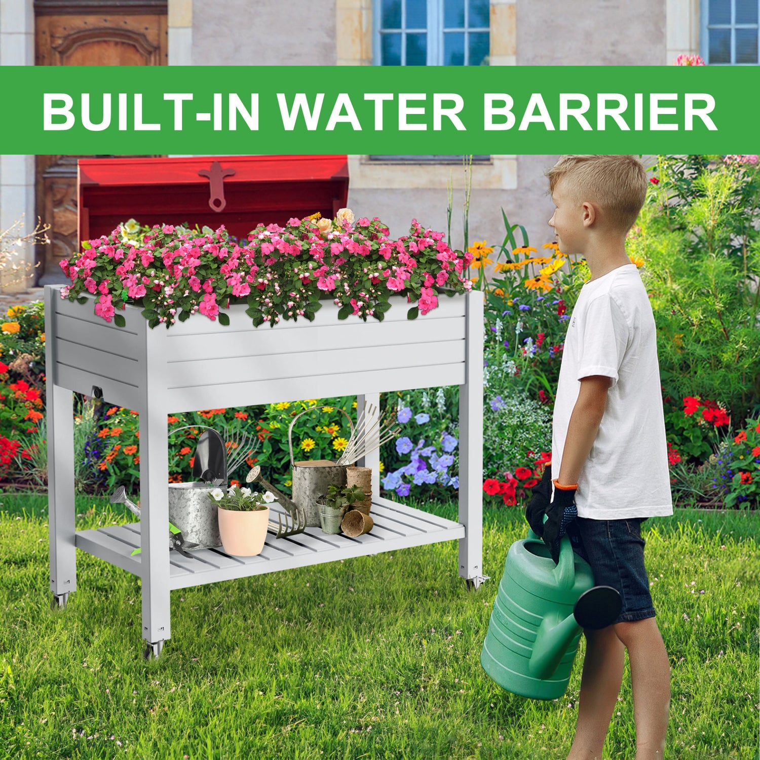 TRAMULL 43.31"×17.72"×33.66"Raised Garden Bed Outdoor,Reinforced Large Planter Box with Wheels & Storage Shelf,Mobile Planter Bed Box for Backyard, Patio, Balcony (Ashen）