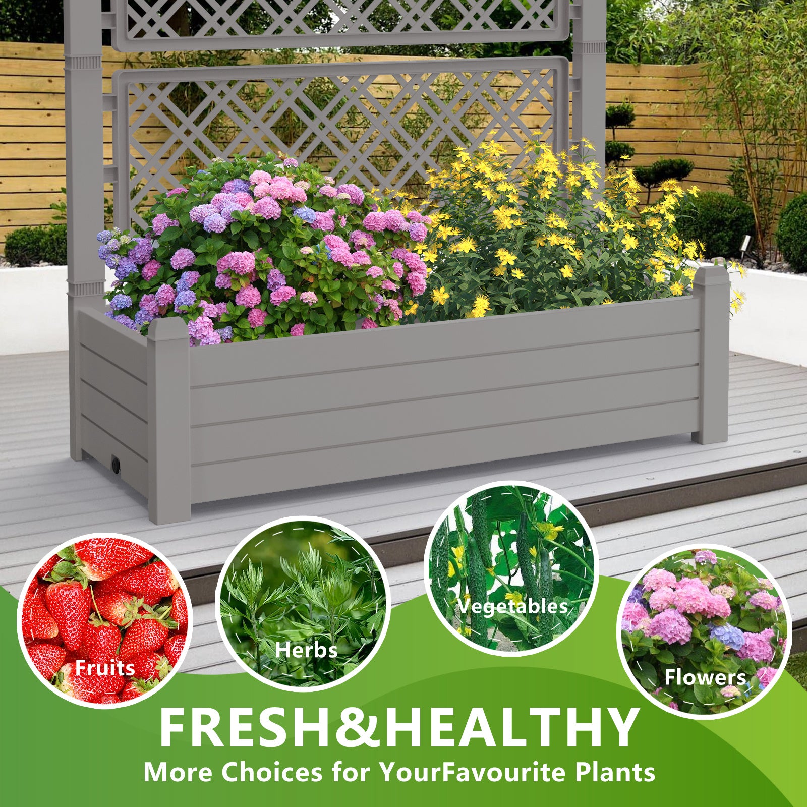 resin planter box with trellis TRAMULL 59" Tall Raised Garden Bed,Outdoor Large Resin Planter Box with Trellis and Drain Plug for Climbing Plants(Light brown) Ore Gray