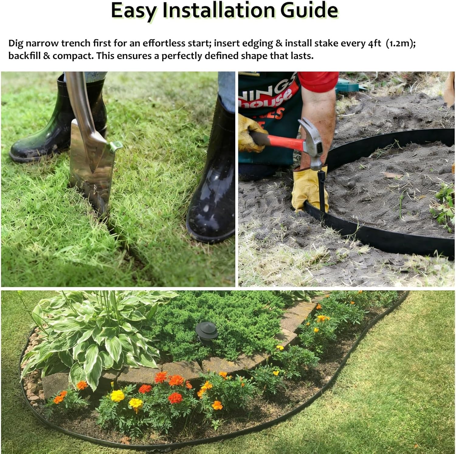 Black Plastic Garden Landscape Edging, 5” Tall Border Coil with 6 Durable Stakes, Flexible and Strengthened with Anti-UV Treatment (20ft with 6pcs Stakes)