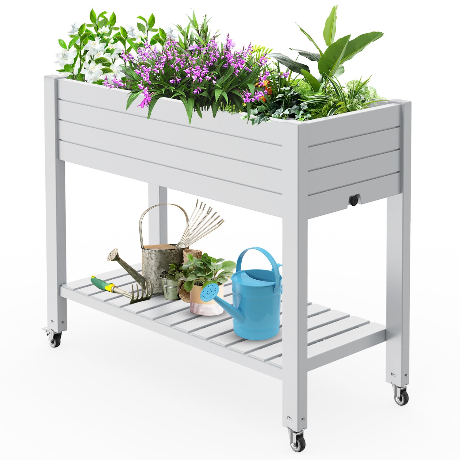TRAMULL 43.31"×17.72"×33.66"Raised Garden Bed Outdoor,Reinforced Large Planter Box with Wheels & Storage Shelf,Mobile Planter Bed Box for Backyard, Patio, Balcony (Ashen）