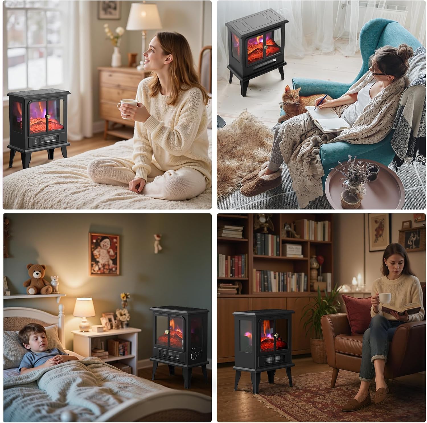 Electric Fireplace Stove Heater - Fireplace Heaters for Indoor Use with Realistic Flame Effect, Freestanding Electric Stove Heater with Overheating Protection, 1500W, Adjustable Heating