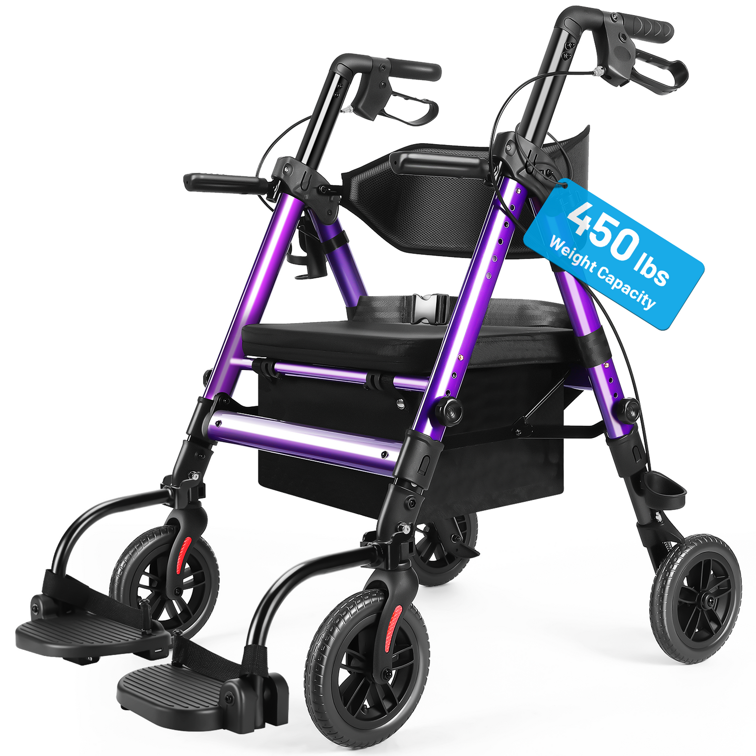 AKOASM Heavy Duty Rollator Walker for Seniors with seat, Foldable 2-in-1 Rolling Walkers Wheelchair Combo for Adult , All Terrain Wheels, Adjustable Transport Chair with Brake, 450 lb. Weight Capacity