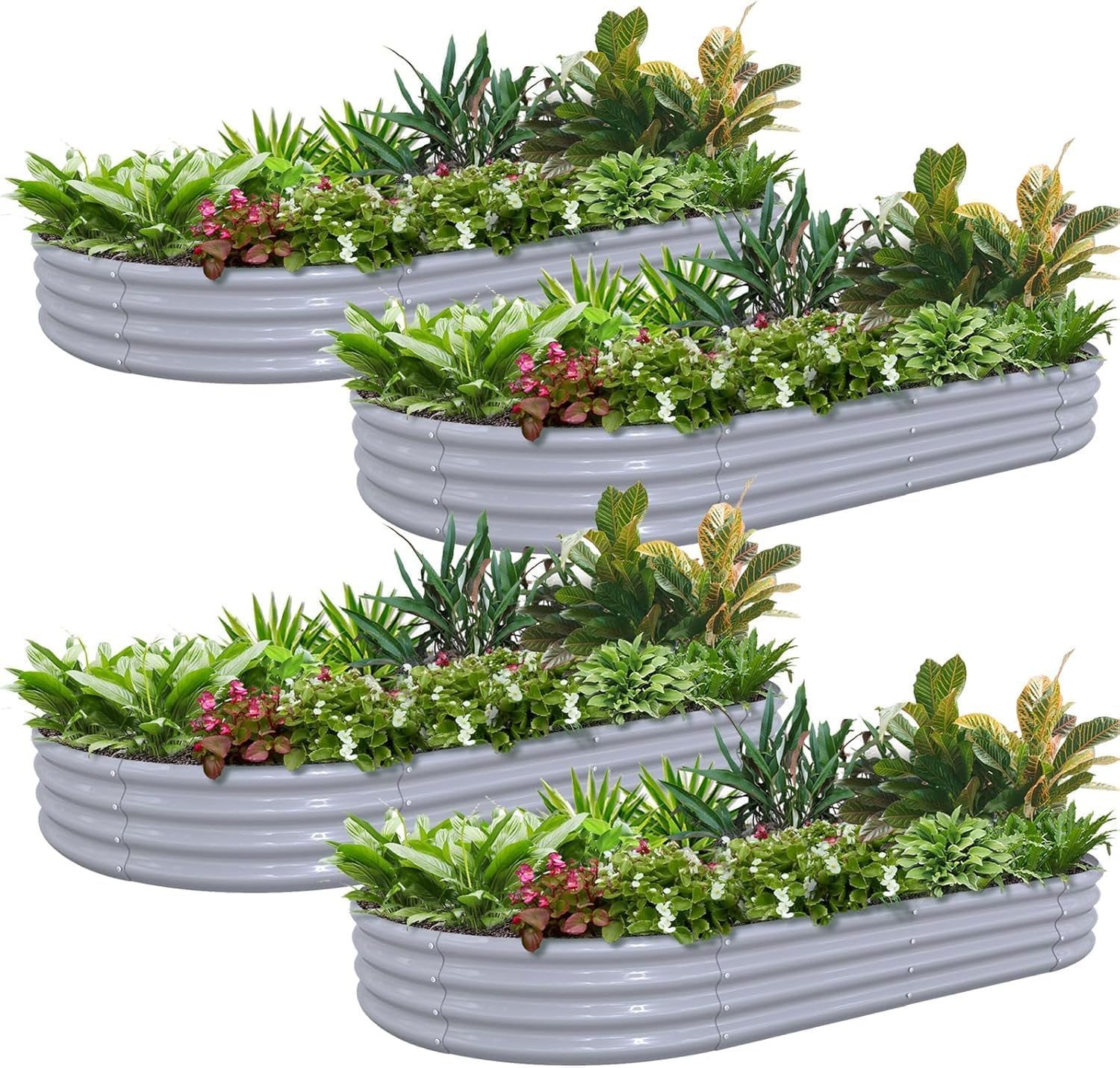 4 Pack 6x3x1FT Galvanized Raised Garden Bed Kit Oval Metal Ground Planter Box Outdoor Bottomless Planter Raised Beds for Vegetables Flowers Herbs Fruits(Green)