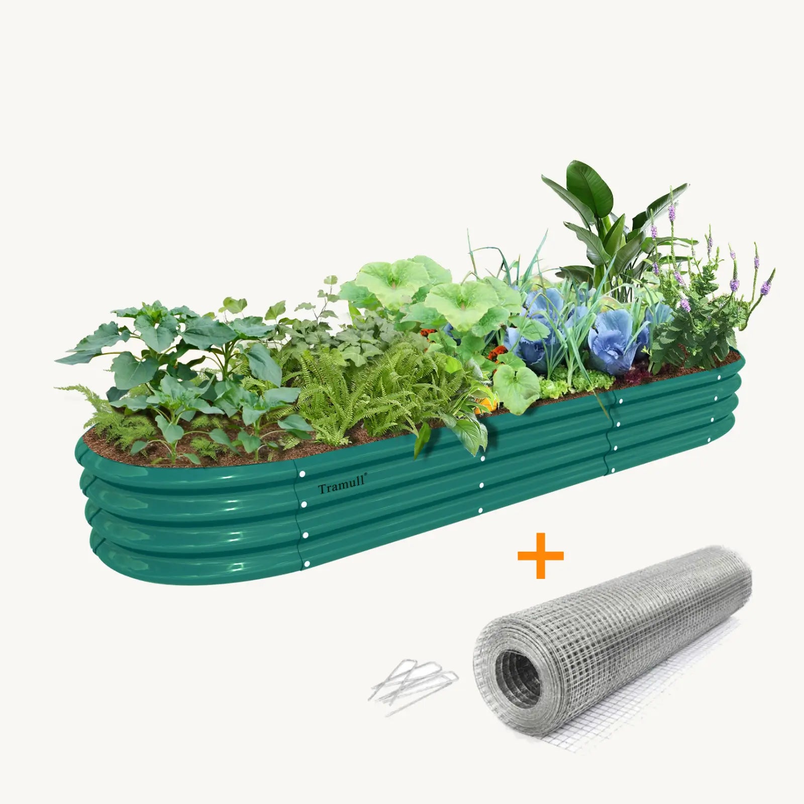 12" Tall 12x2ft Oval Metal Raised Garden Bed in Green with Gopher Wire Mesh