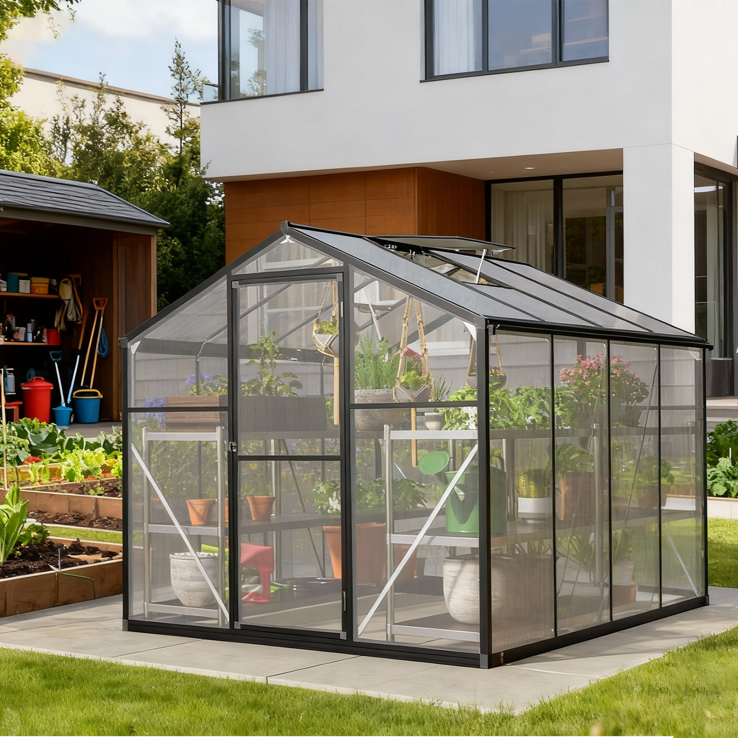 TRAMULL 6x8 ft Polycarbonate Greenhouse for Outdoors, Upgraded Heavy Duty Aluminum Frame Walk-in Green House Garden Adjustment Roof Vent,Hinged Door,Rain Gutter