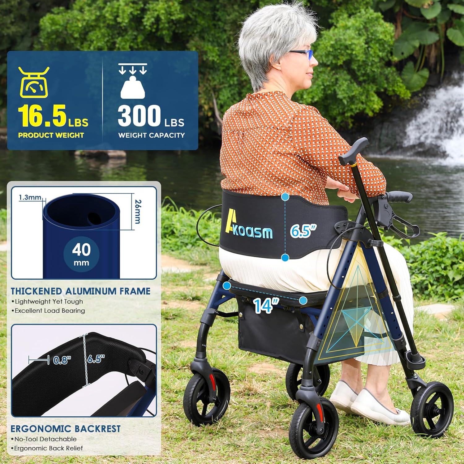 Anleolife Rollator Walker for Seniors, Lightweight Foldable All Terrain Rolling Walker with seat, Aluminum Walkers with 8 inch Rubber Wheels, Handles and Backrest for Seniors and Adult (Purple)