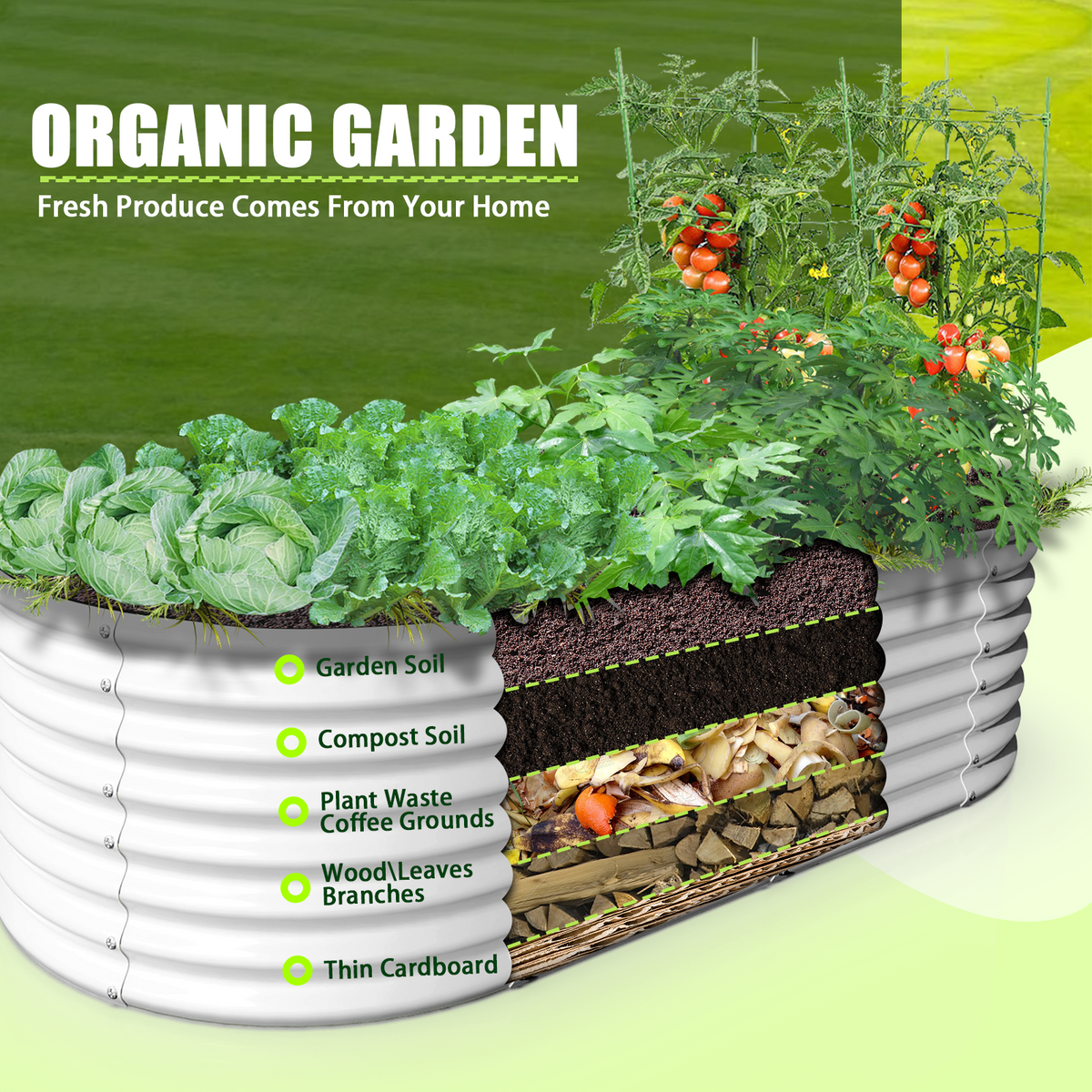 8X4X2ft Galvanized Raised Garden Bed, Oval Above Ground Modular Metal Outdoor Planter Boxes(Antique White) - Tramull Metal Raised Garden Beds - Durable, Modular, Quality Galvanized Steel Garden Beds