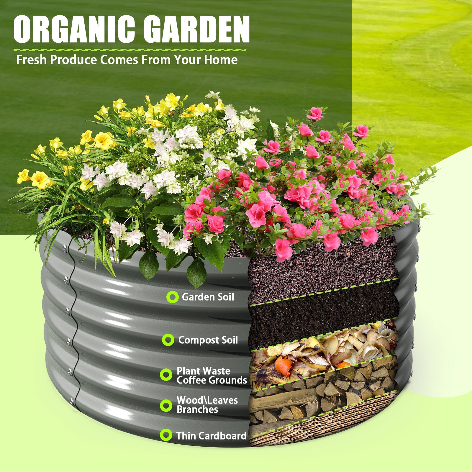 2 Pack-4Ft Round Galvanized Raised Garden Bed, 18” Tall Above Ground Modular Metal Planter Boxes Outdoor For Vegetables Flowers Herbs, Anti-Rust & Easy-Setup Quartz Grey - Tramull Metal Raised Garden Beds - Durable, Modular, Quality Galvanized Steel Garden Beds