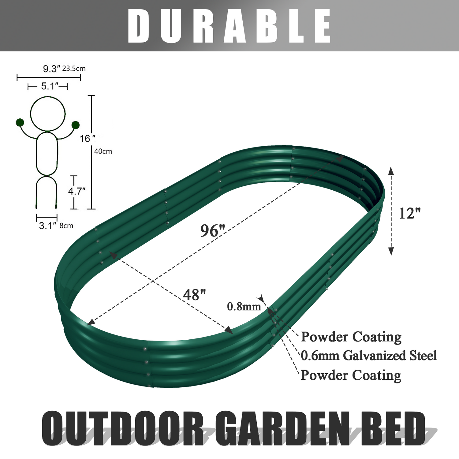 12" Tall 8x4ft Oval Metal Raised Garden Bed in Green with Metal Trellis