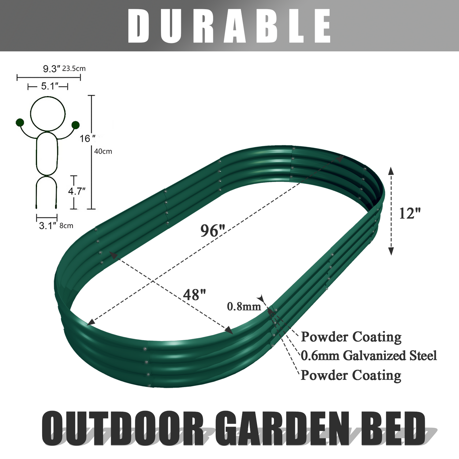 Bundle of 12 | 12" Tall 8x4ft Oval Metal Raised Garden Bed in Green with Metal Trellis