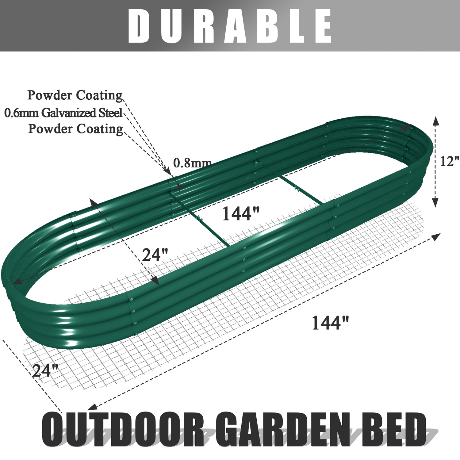 Bundle of 12 | 12" Tall 12x2ft Oval Metal Raised Garden Bed in Green with Gopher Wire Mesh